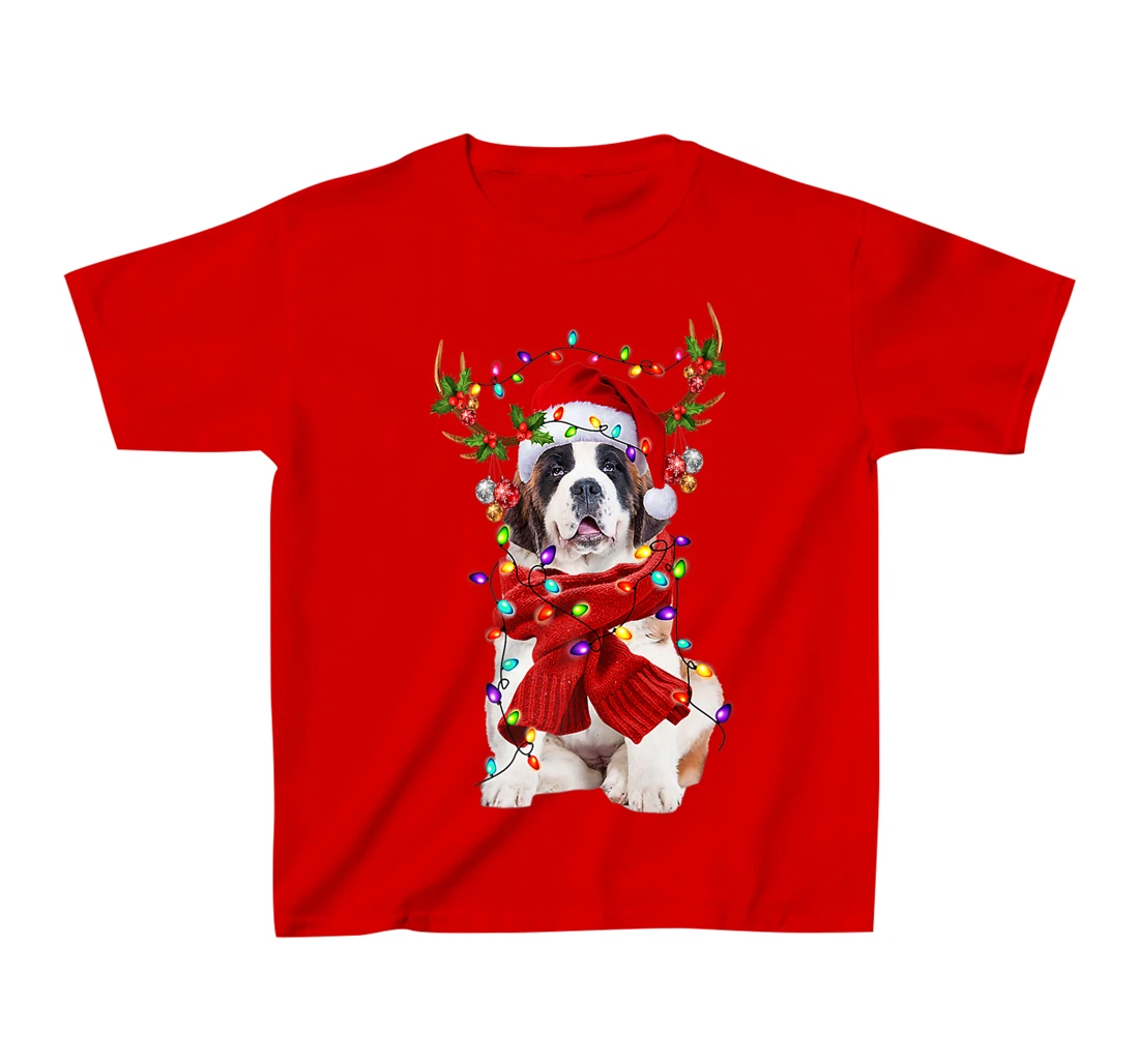 Funny St Bernard Dog Reindeer Christmas Light Dog Lover T-Shirt, Kid T-Shirt and Women T-Shirt
