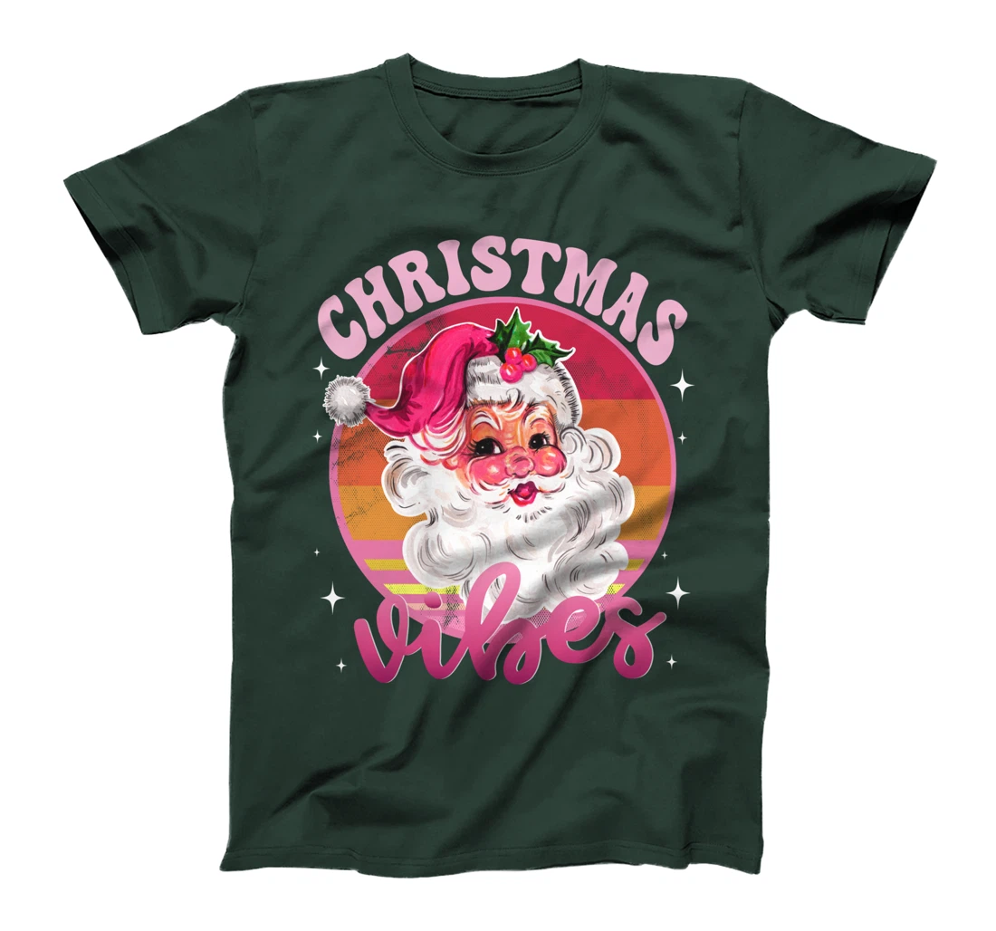 Funny Vintage Pink Santa Claus Pink Christmas Vibes T-Shirt