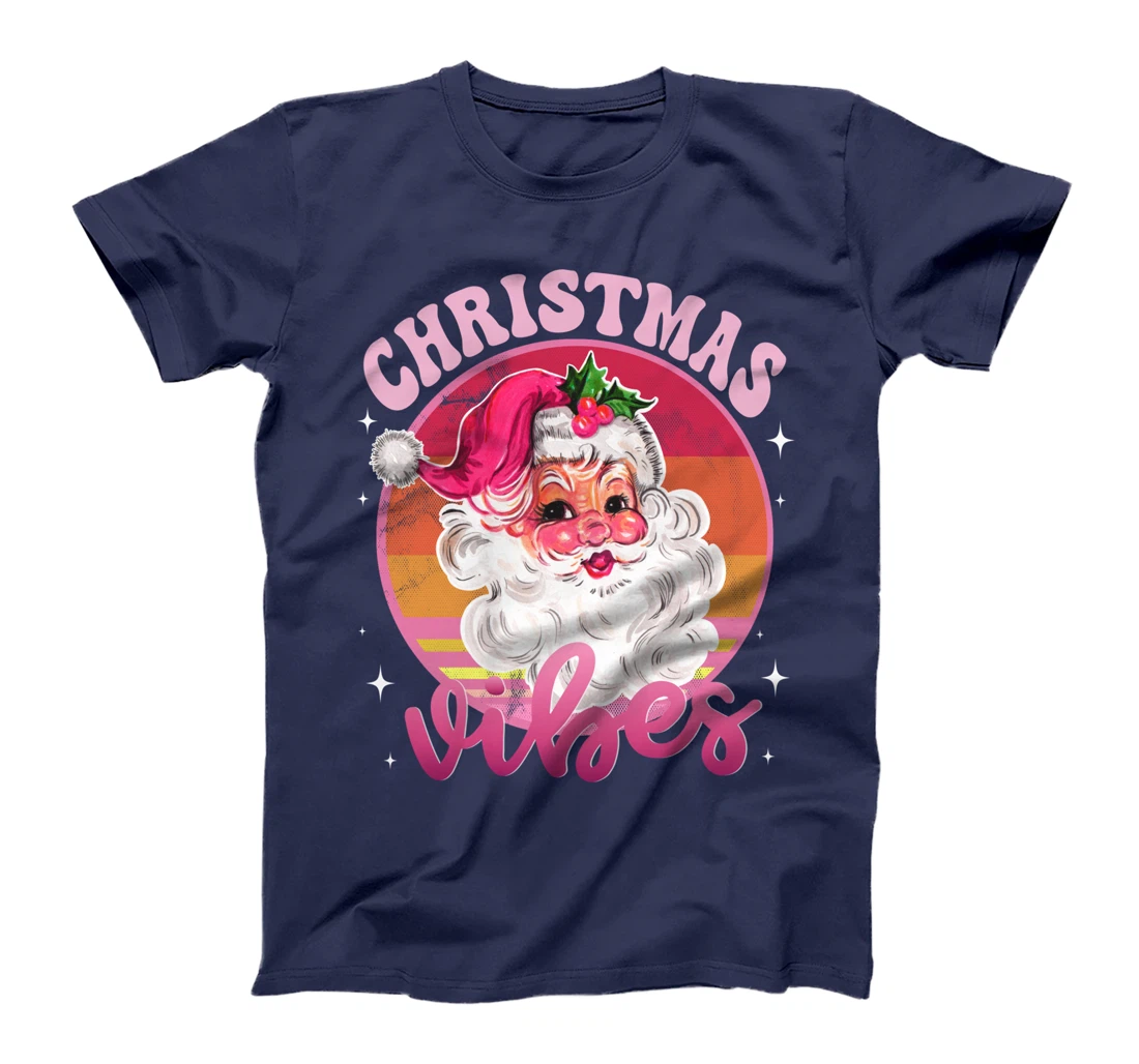 Funny Vintage Pink Santa Claus Pink Christmas Vibes T-Shirt