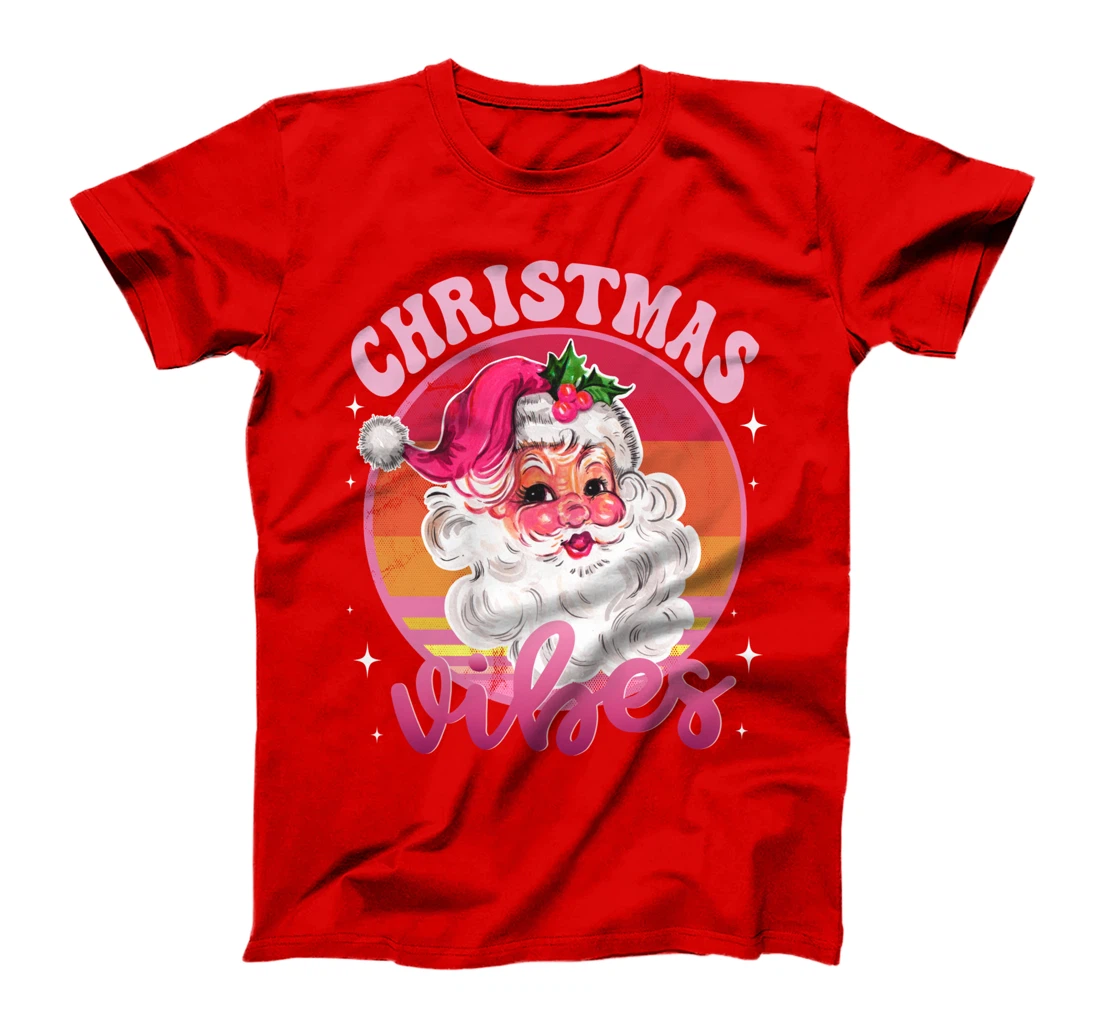 Funny Vintage Pink Santa Claus Pink Christmas Vibes T-Shirt