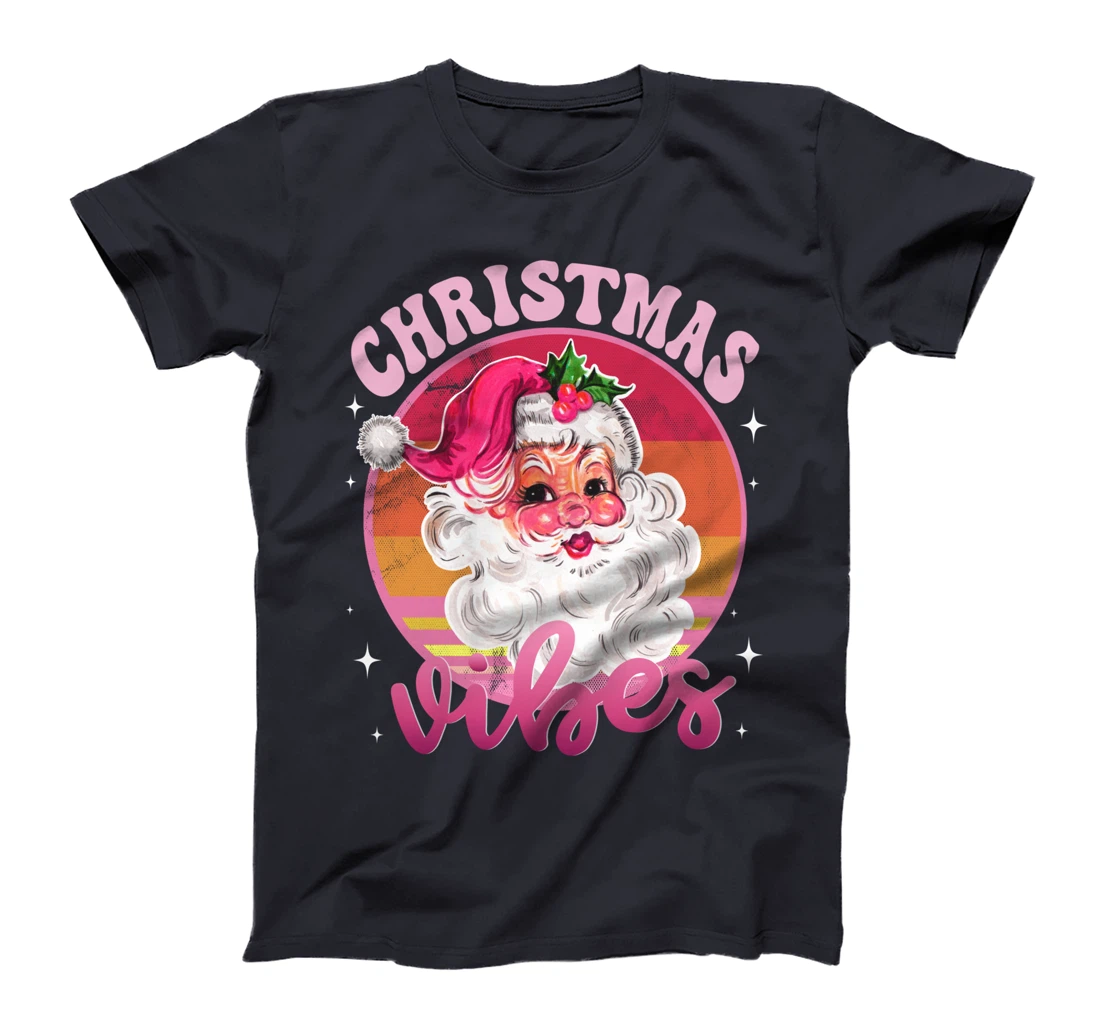 Funny Vintage Pink Santa Claus Pink Christmas Vibes T-Shirt