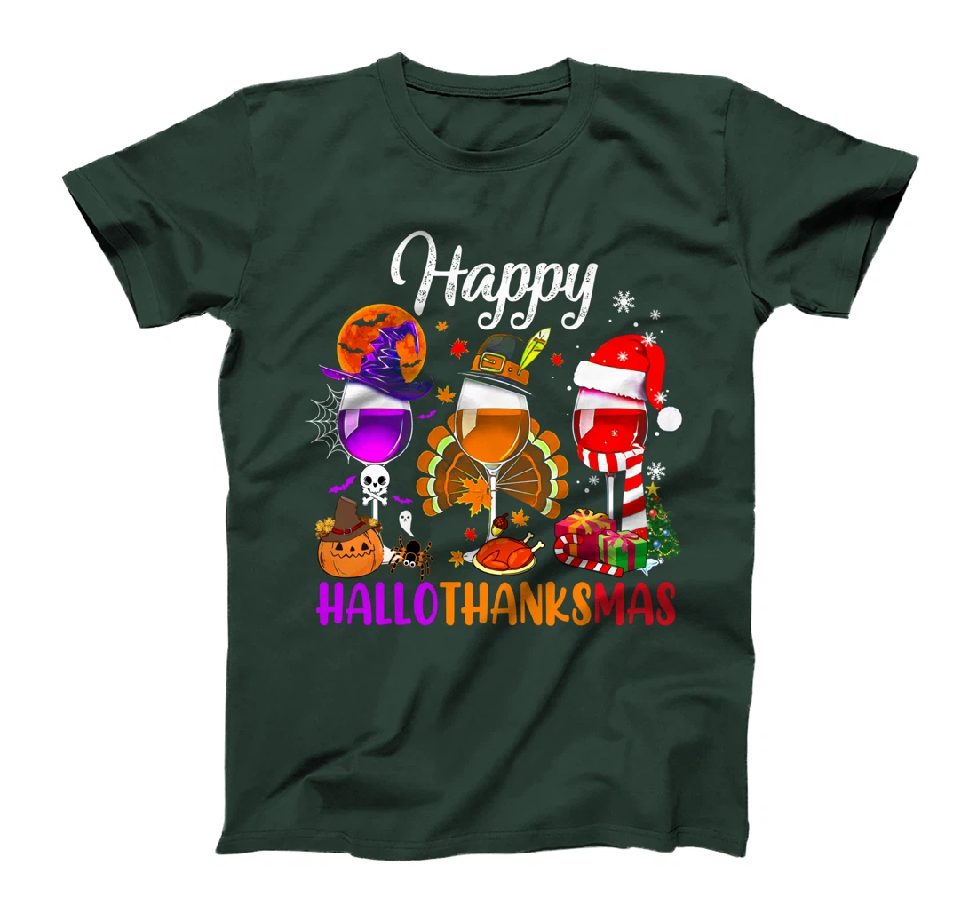 Happy Hallothanksmas Wine Glasses Witch Santa Hat Pumpkin T-Shirt