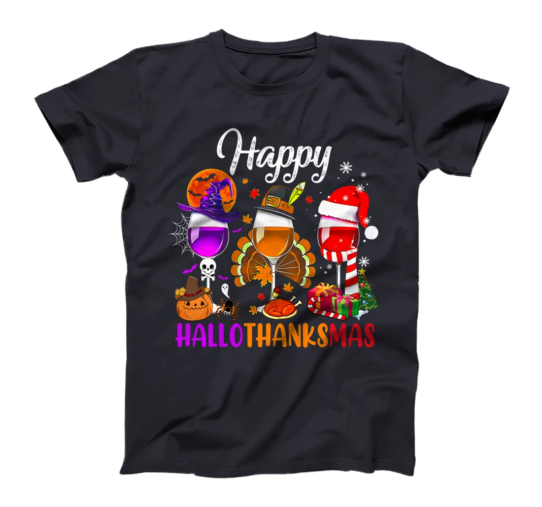 Happy Hallothanksmas Wine Glasses Witch Santa Hat Pumpkin T-Shirt