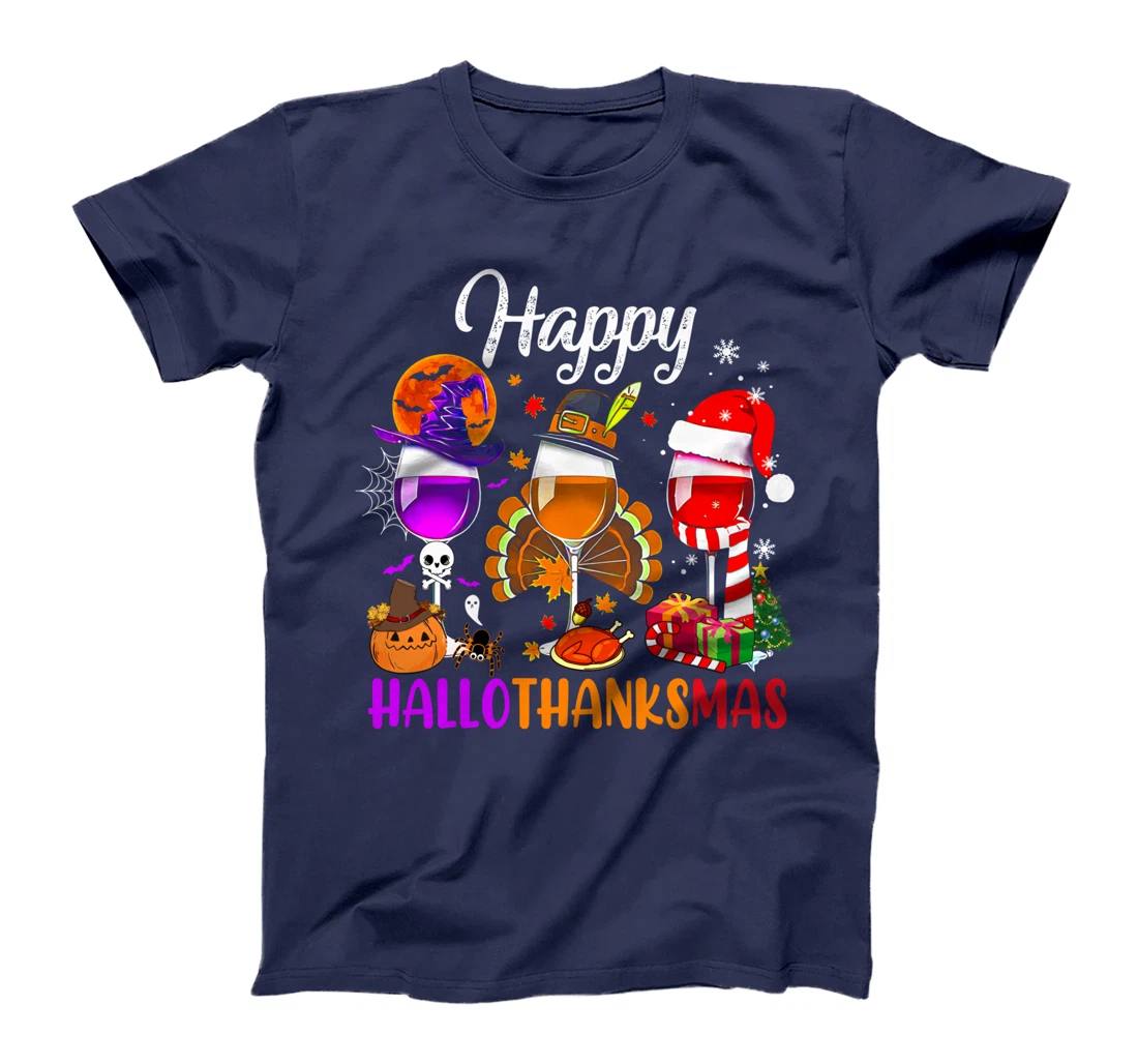 Happy Hallothanksmas Wine Glasses Witch Santa Hat Pumpkin T-Shirt