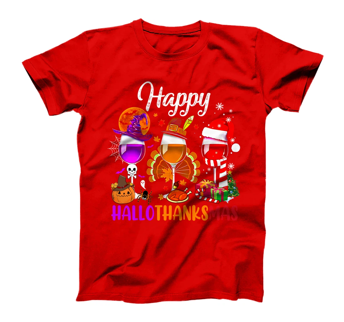 Happy Hallothanksmas Wine Glasses Witch Santa Hat Pumpkin T-Shirt