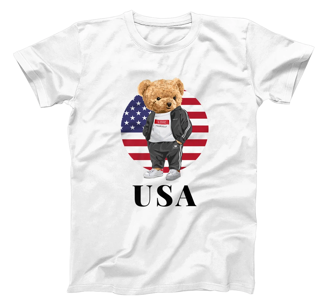 Love Yourself, Cool Illustration Teddy Bear With USA Flag T-Shirt, Kid T-Shirt and Women T-Shirt