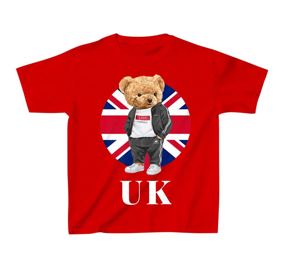 Love Yourself, Cool Illustration Teddy Bear With UK Flag T-Shirt, Kid T-Shirt and Women T-Shirt