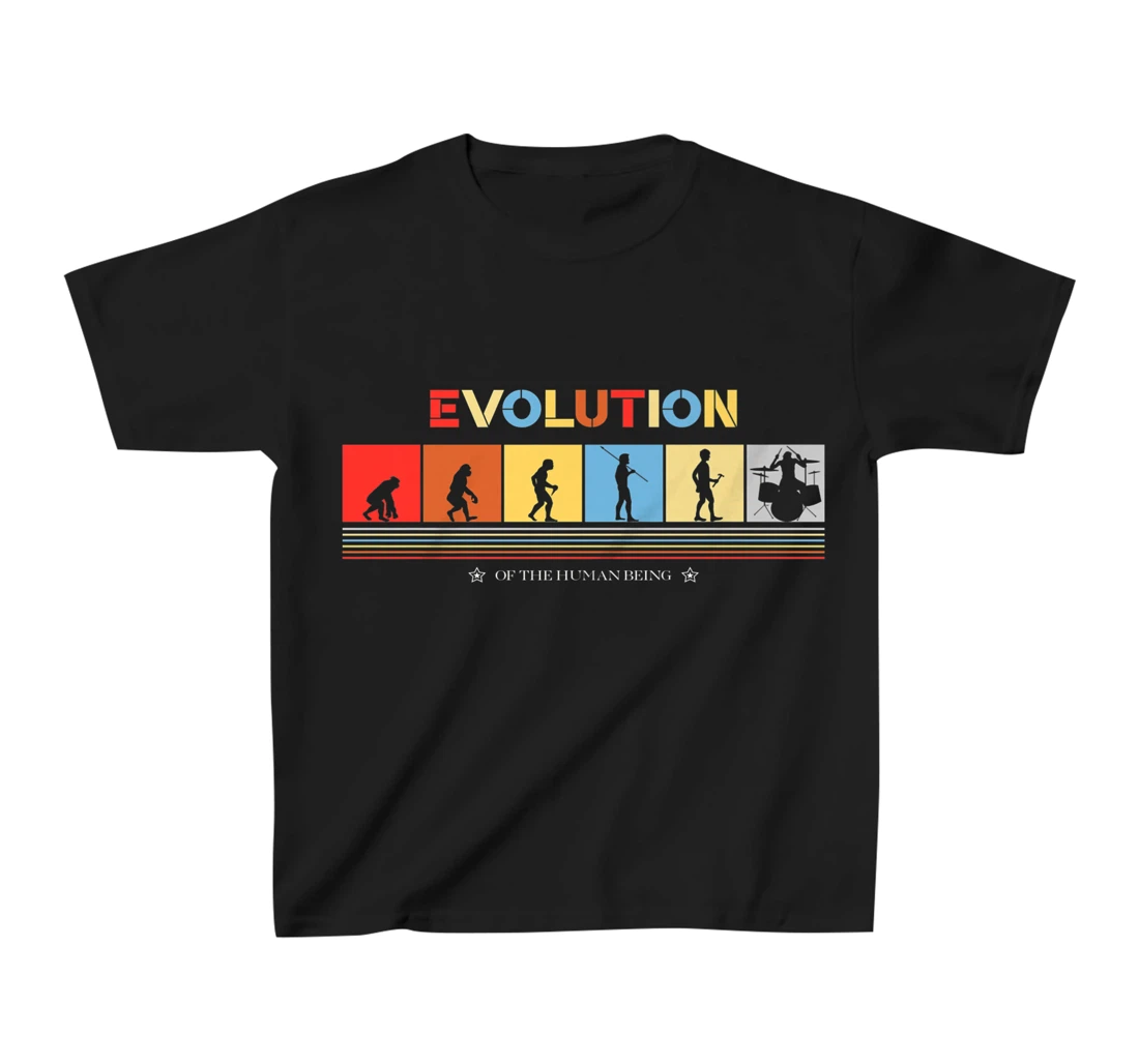 Evolution Of The Human Being Drummer Retro 70s Drummers T-Shirt, Kid T-Shirt and Women T-Shirt