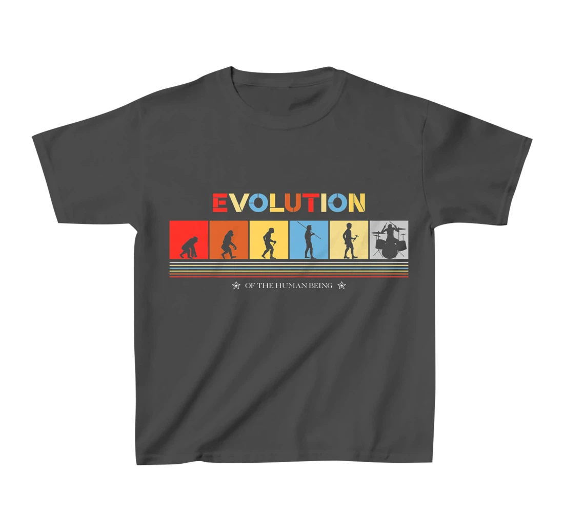 Evolution Of The Human Being Drummer Retro 70s Drummers T-Shirt, Kid T-Shirt and Women T-Shirt