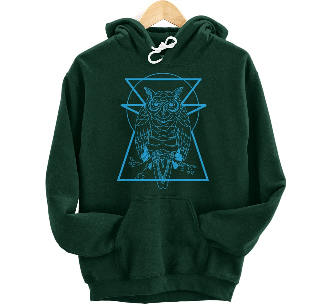 Turquoise Owl Perched With Geometric Shapes Graphic Pullover Hoodie