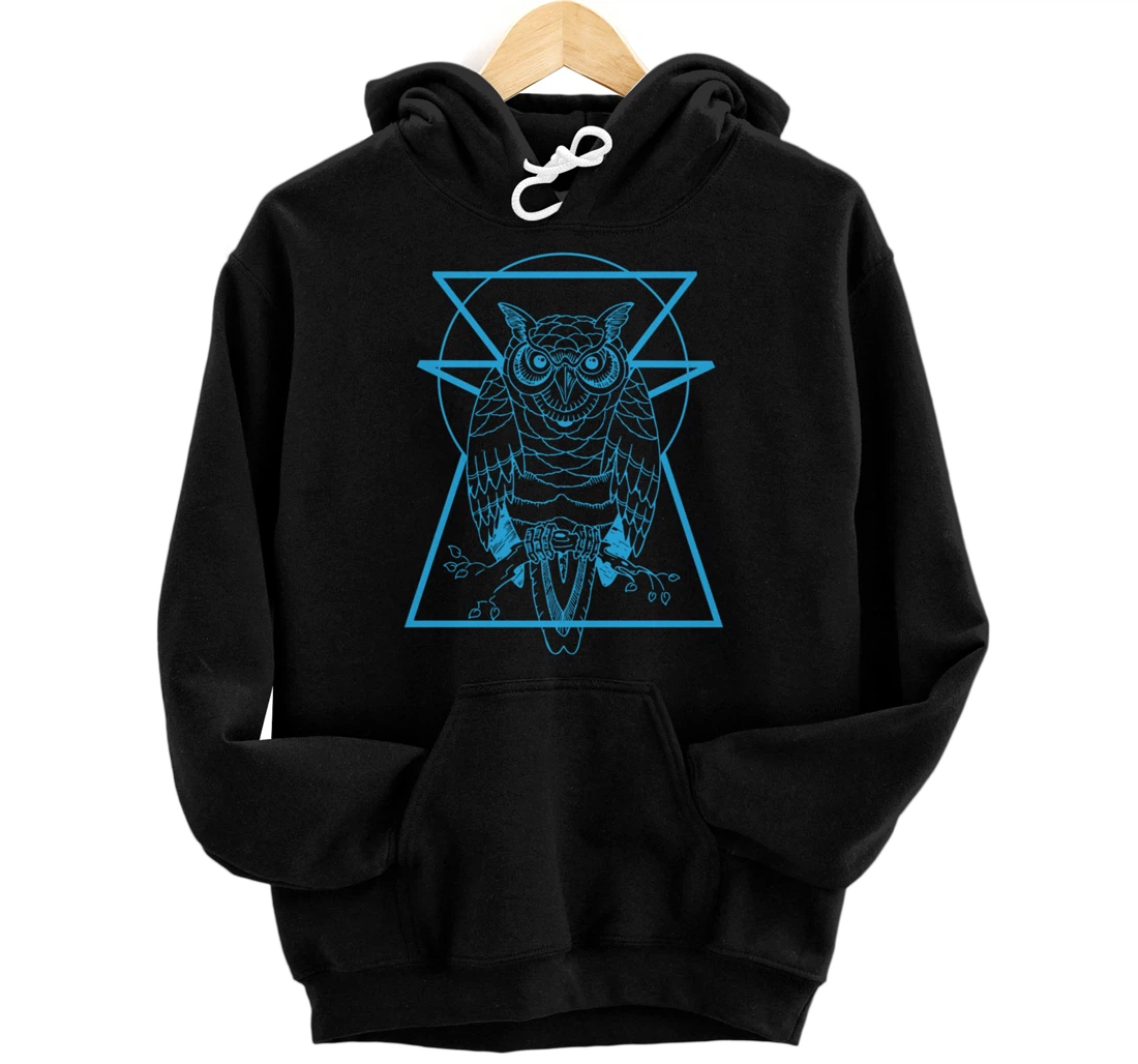 Turquoise Owl Perched With Geometric Shapes Graphic Pullover Hoodie