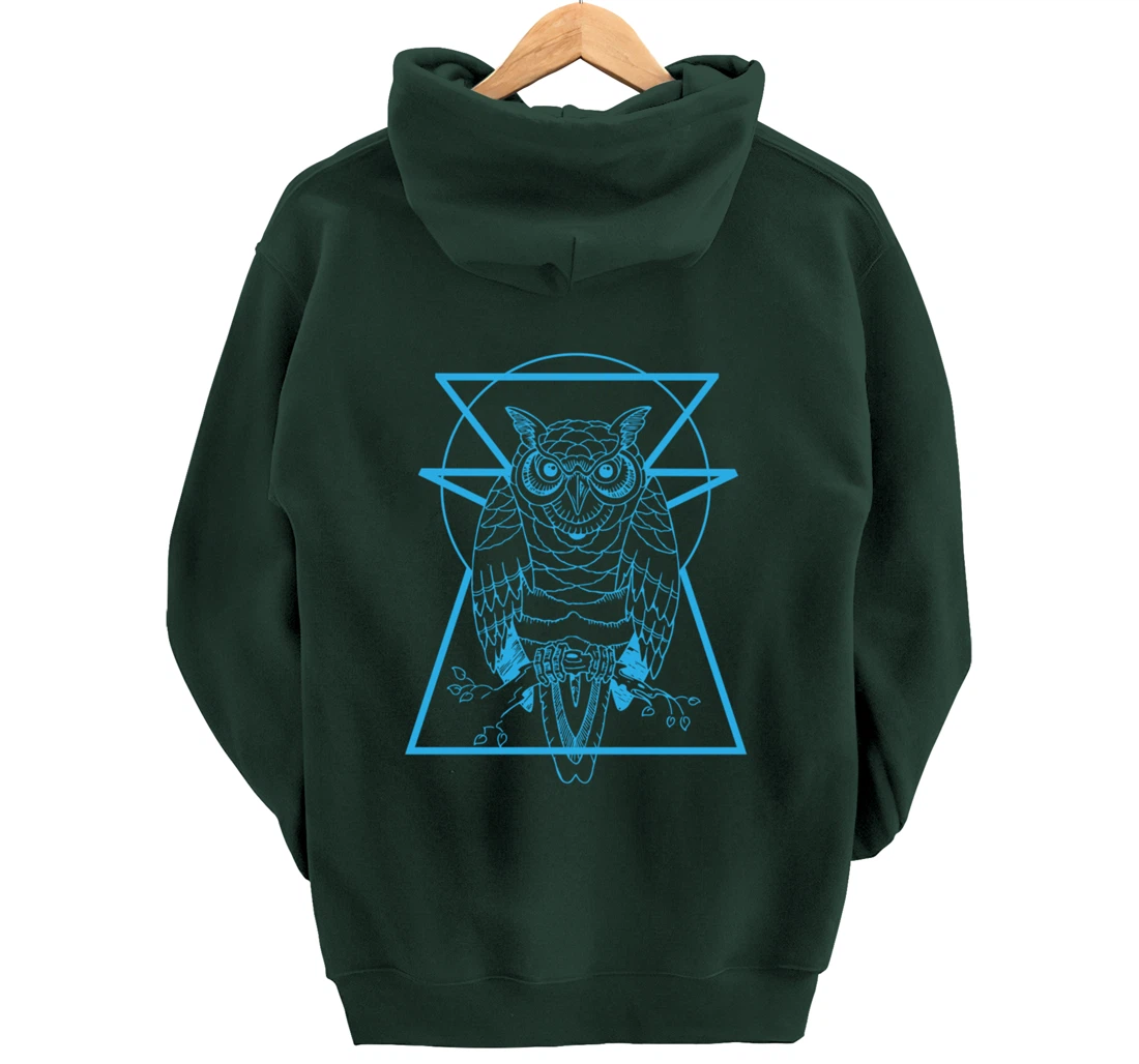 Turquoise Owl Perched With Geometric Shapes Graphic Pullover Hoodie
