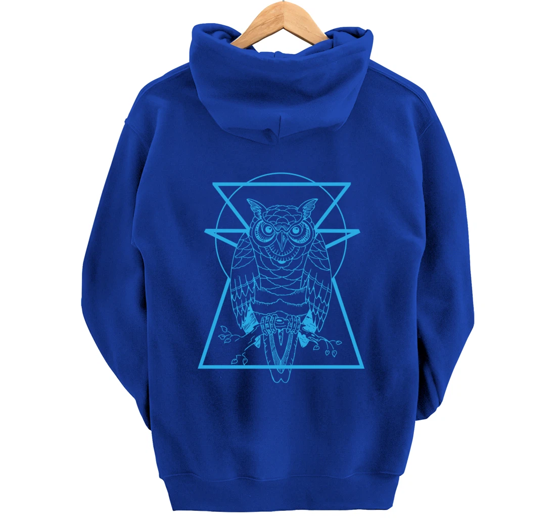 Turquoise Owl Perched With Geometric Shapes Graphic Pullover Hoodie