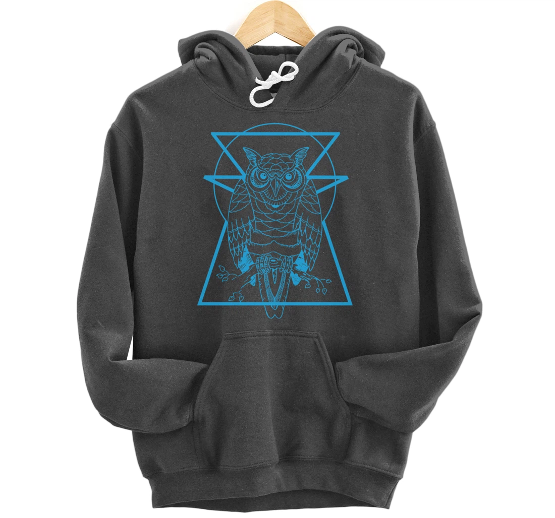 Turquoise Owl Perched With Geometric Shapes Graphic Pullover Hoodie