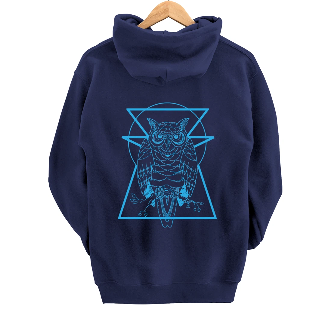 Turquoise Owl Perched With Geometric Shapes Graphic Pullover Hoodie