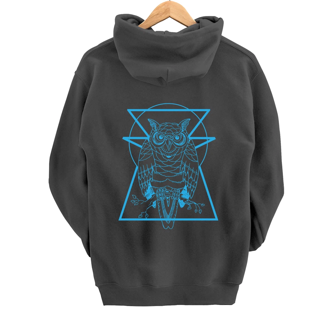 Turquoise Owl Perched With Geometric Shapes Graphic Pullover Hoodie