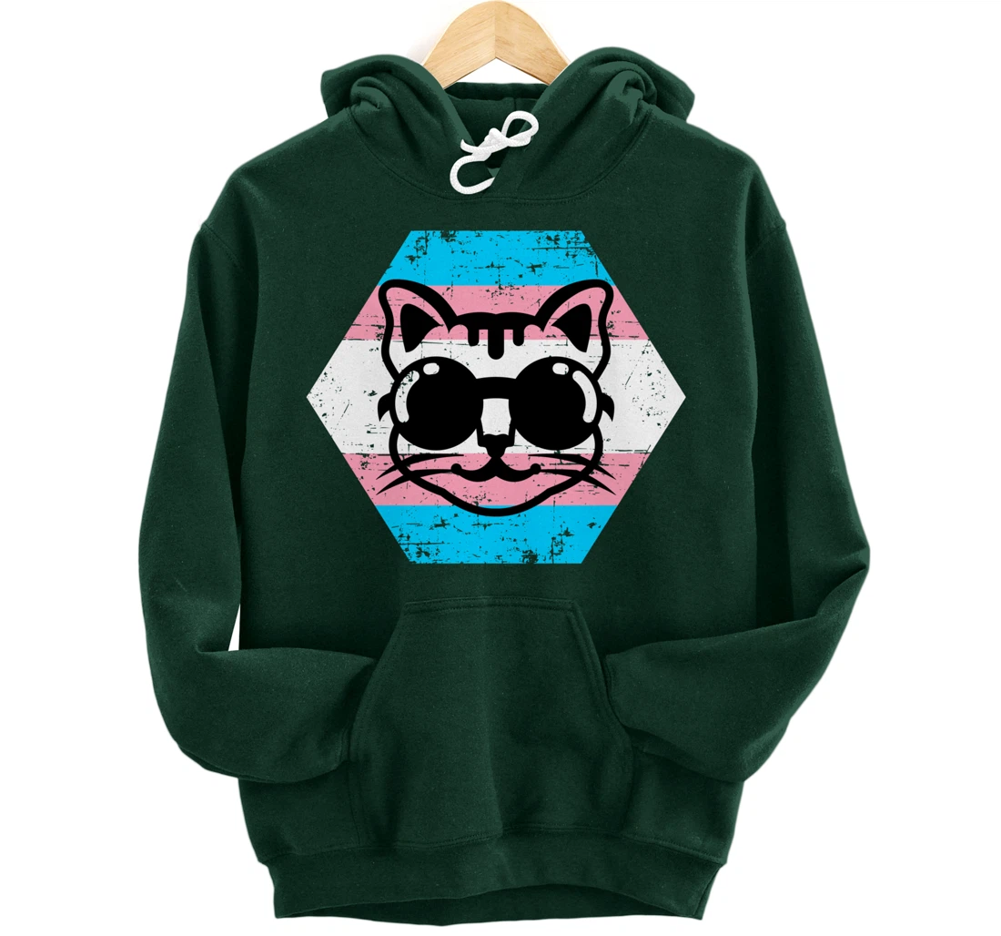 Cool Transgender Cat with Glasses Transgender Flag Pullover Hoodie