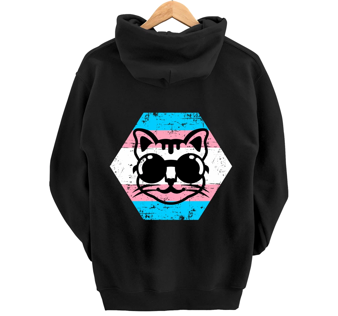 Cool Transgender Cat with Glasses Transgender Flag Pullover Hoodie