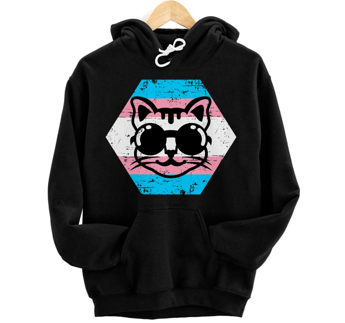 Cool Transgender Cat with Glasses Transgender Flag Pullover Hoodie