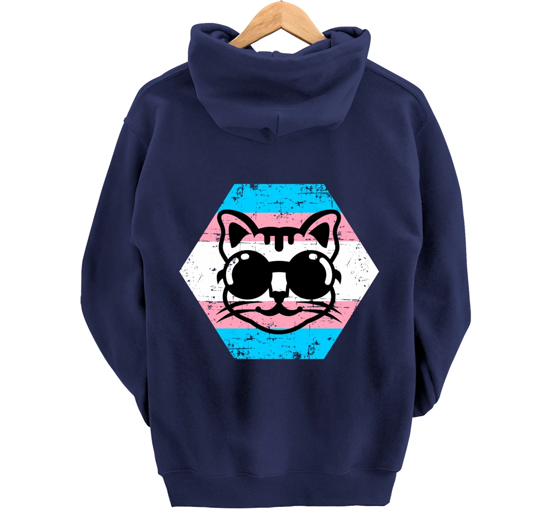 Cool Transgender Cat with Glasses Transgender Flag Pullover Hoodie