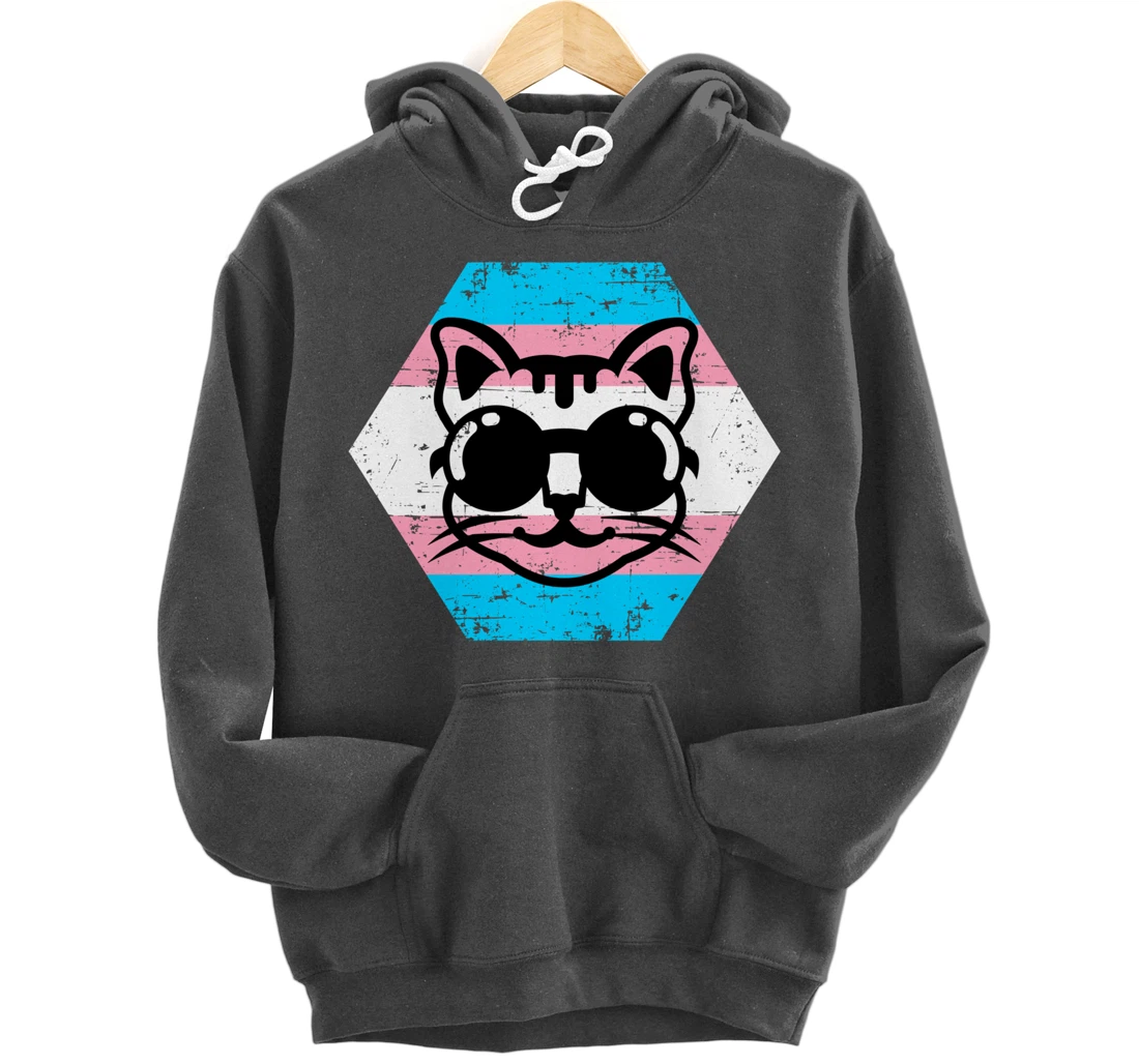 Cool Transgender Cat with Glasses Transgender Flag Pullover Hoodie