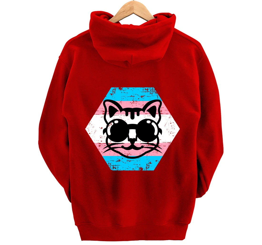 Cool Transgender Cat with Glasses Transgender Flag Pullover Hoodie