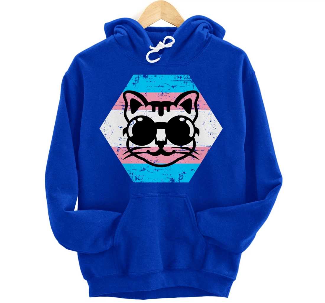 Cool Transgender Cat with Glasses Transgender Flag Pullover Hoodie