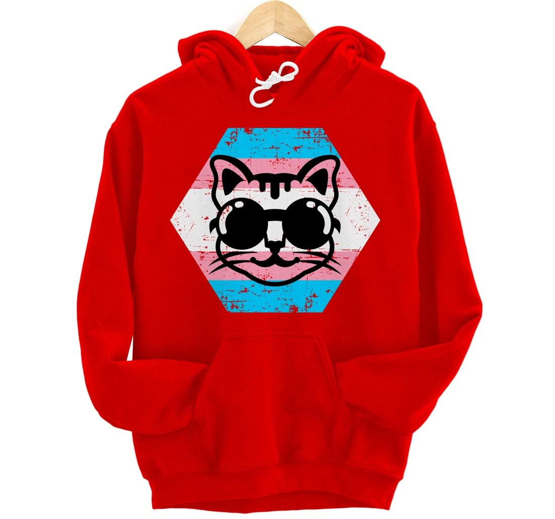 Cool Transgender Cat with Glasses Transgender Flag Pullover Hoodie