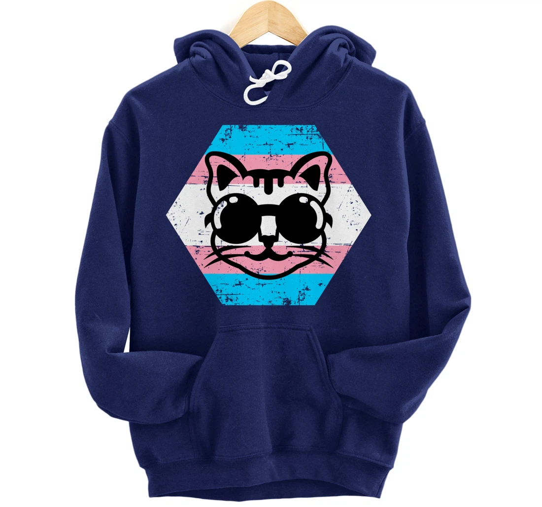 Cool Transgender Cat with Glasses Transgender Flag Pullover Hoodie