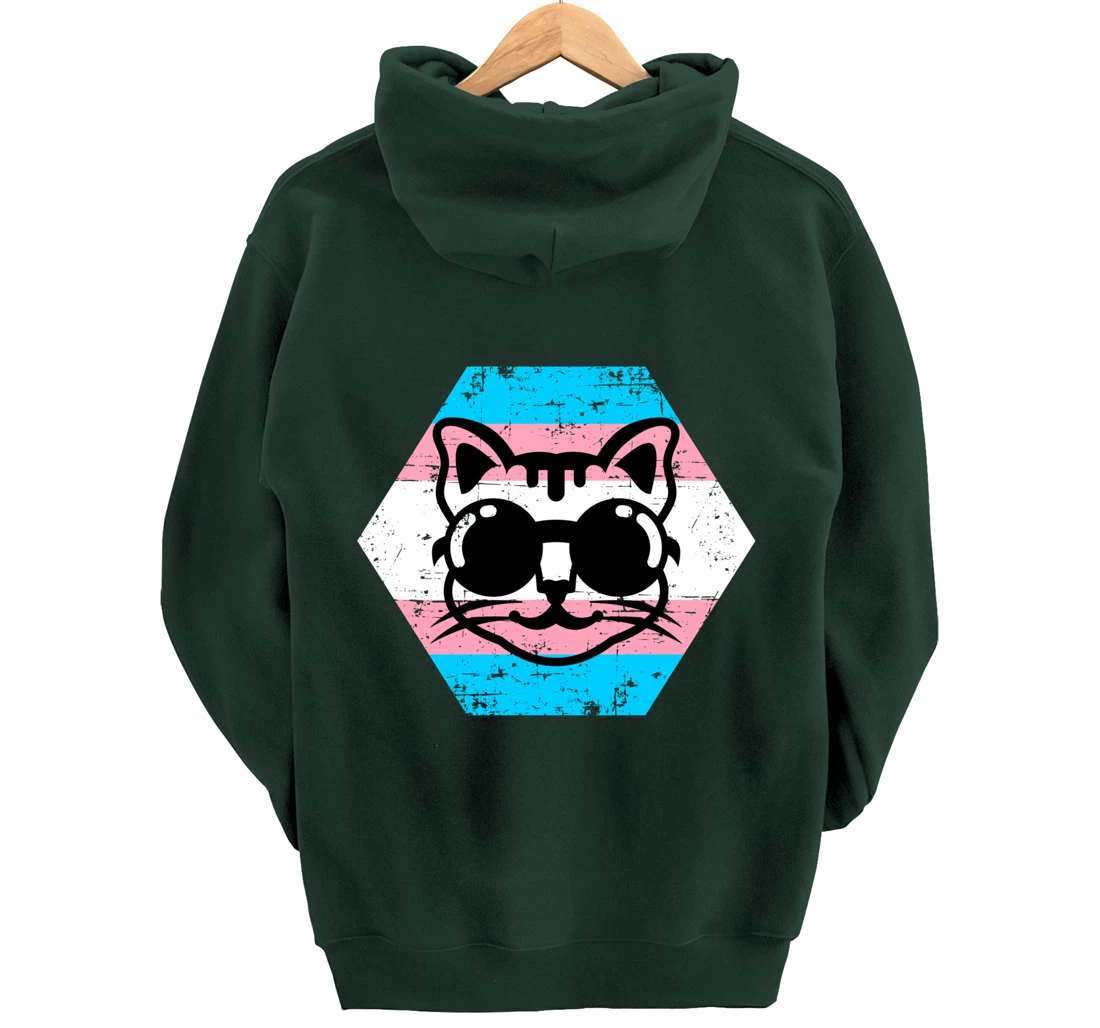 Cool Transgender Cat with Glasses Transgender Flag Pullover Hoodie