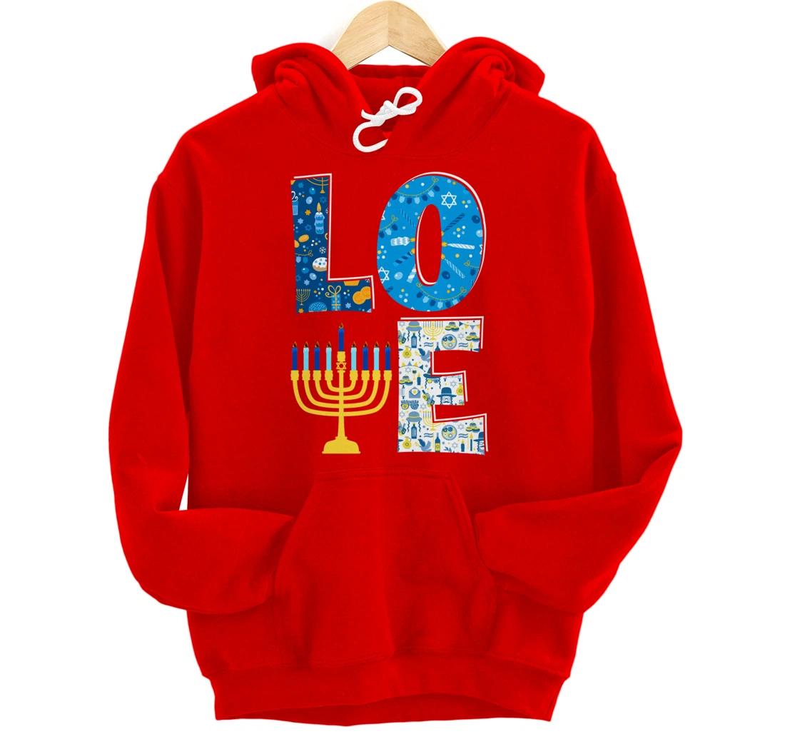 Love Cute Hanukkah Decoration Menorah Pajama Matching Family Pullover Hoodie