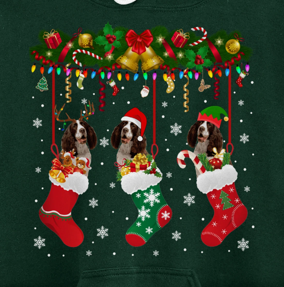 English Springer Spaniel In Sock Xmas Reindeer Santa ELF Dog Pullover Hoodie