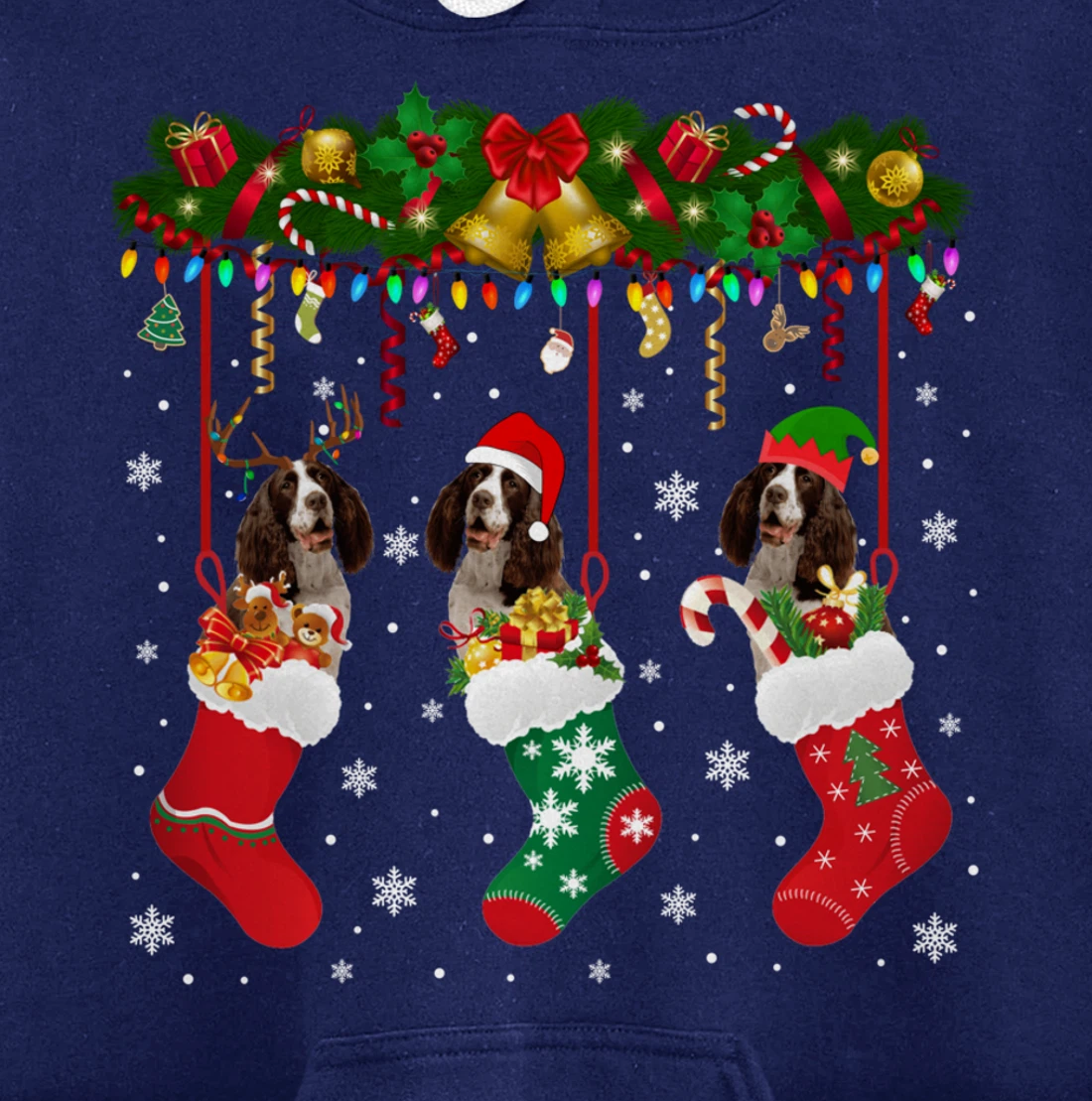 English Springer Spaniel In Sock Xmas Reindeer Santa ELF Dog Pullover Hoodie