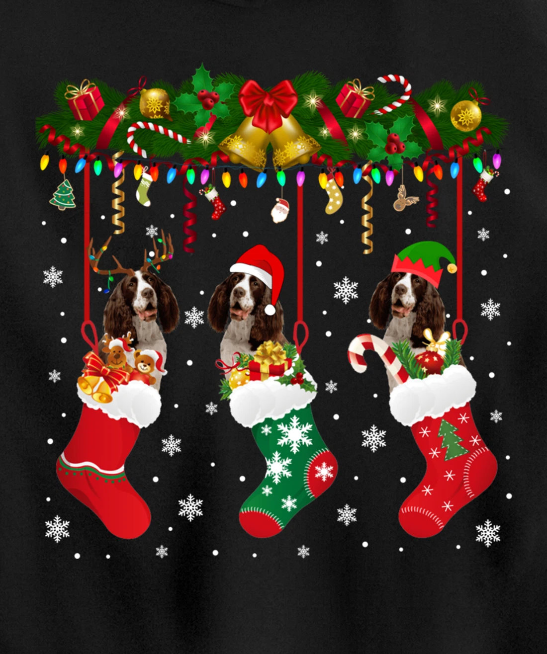 English Springer Spaniel In Sock Xmas Reindeer Santa ELF Dog Pullover Hoodie