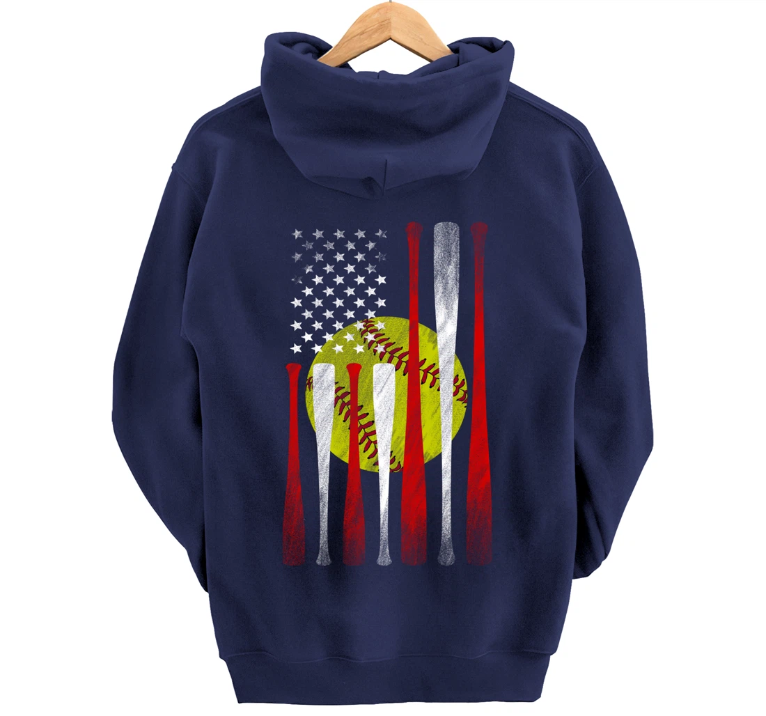 Softball Player American Flag Funny Baseballer (on back) Pullover Hoodie