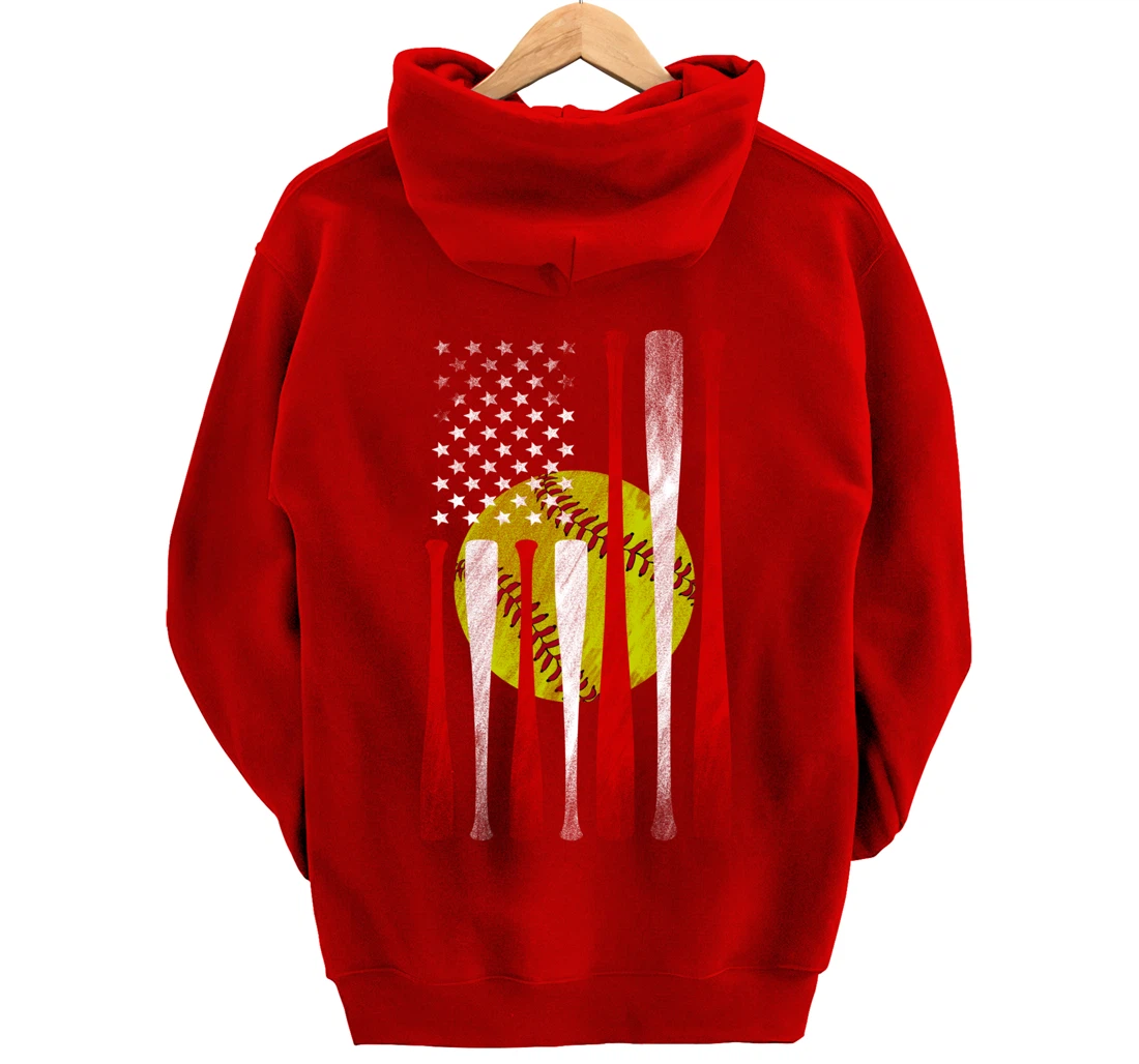 Softball Player American Flag Funny Baseballer (on back) Pullover Hoodie