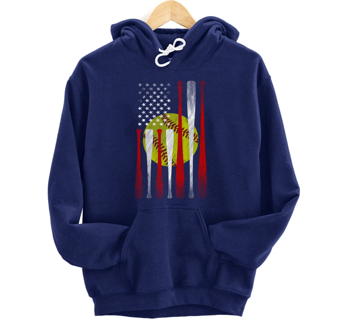 Softball Player American Flag Funny Baseballer (on back) Pullover Hoodie