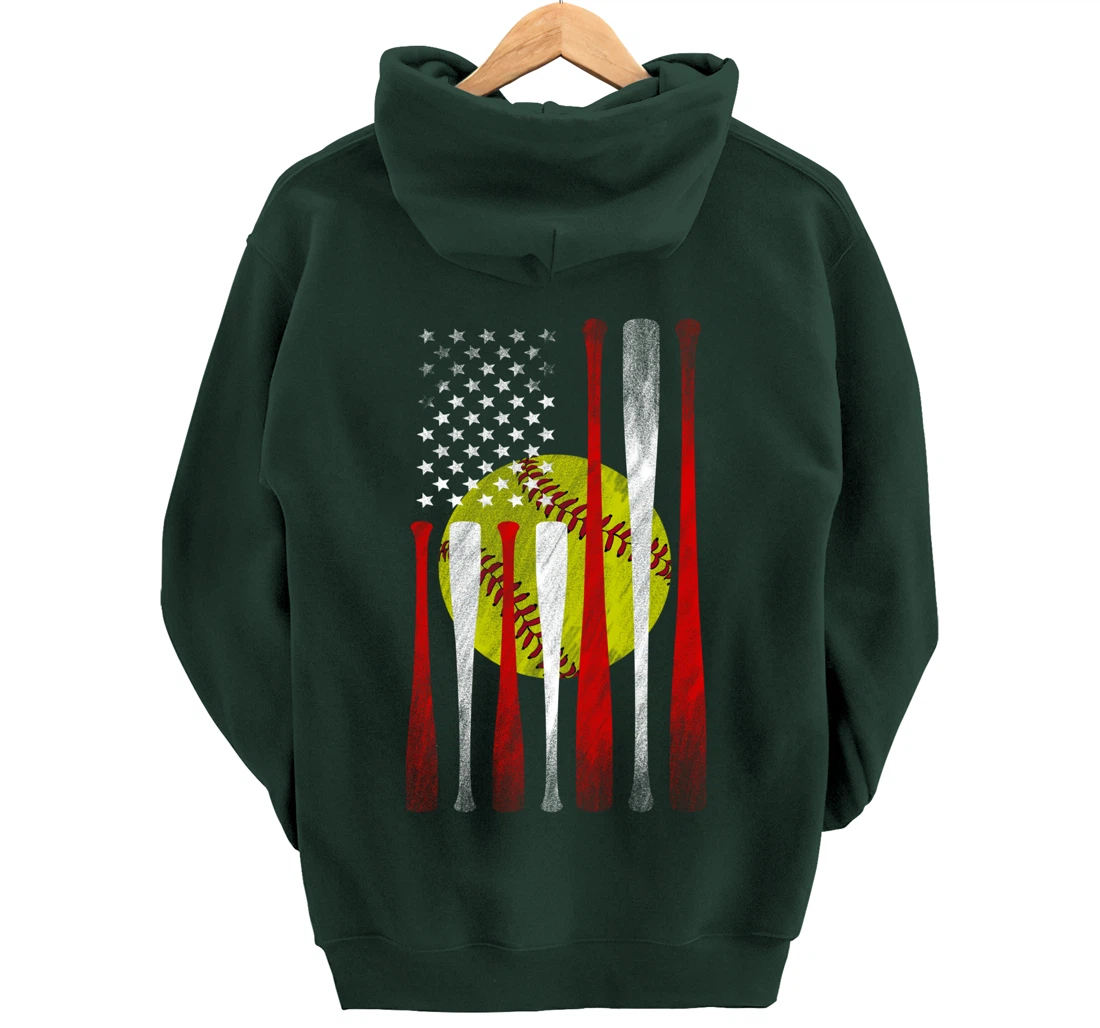 Softball Player American Flag Funny Baseballer (on back) Pullover Hoodie