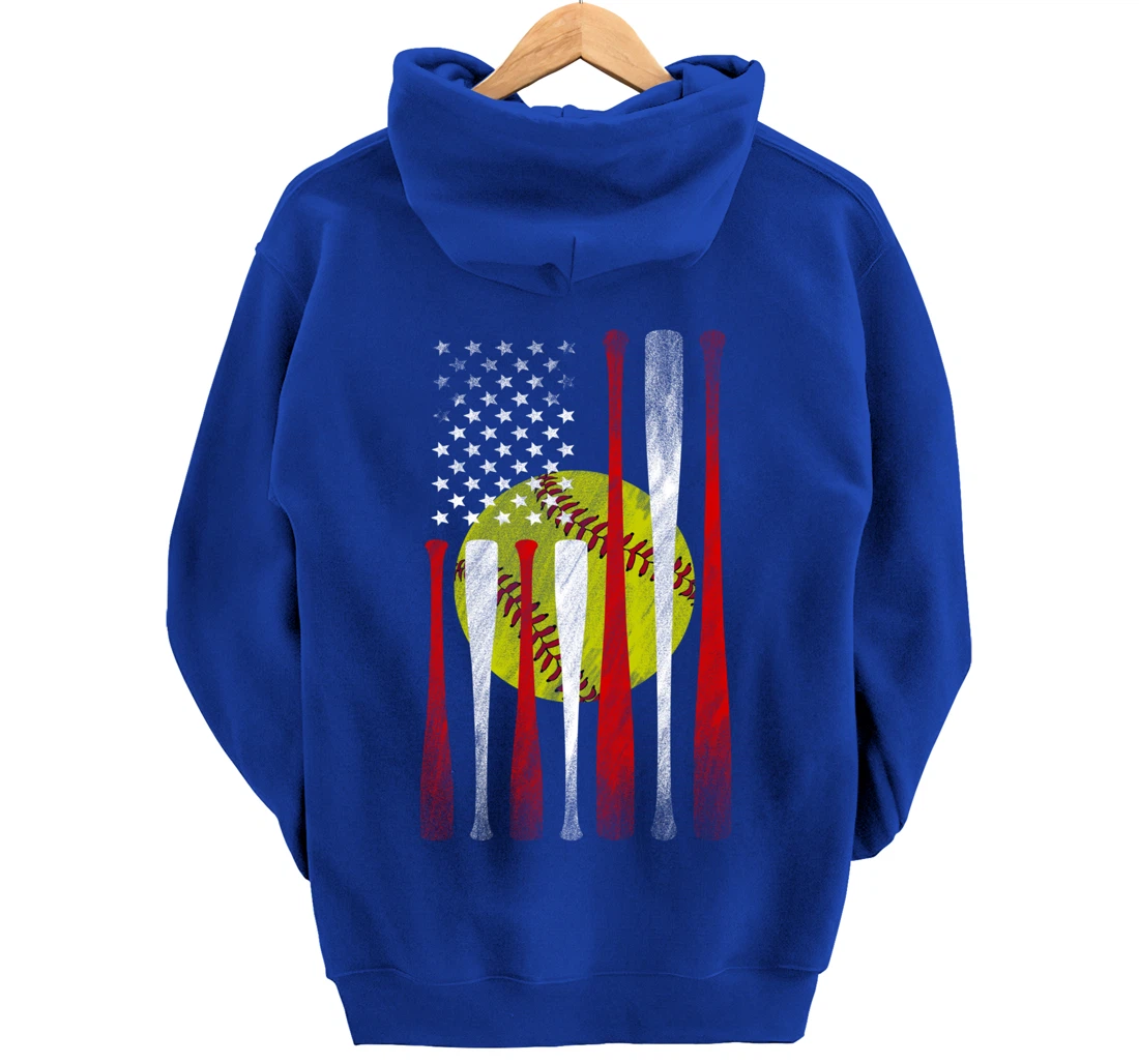 Softball Player American Flag Funny Baseballer (on back) Pullover Hoodie