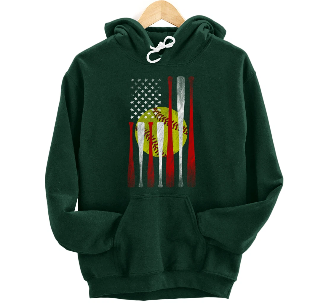 Softball Player American Flag Funny Baseballer (on back) Pullover Hoodie