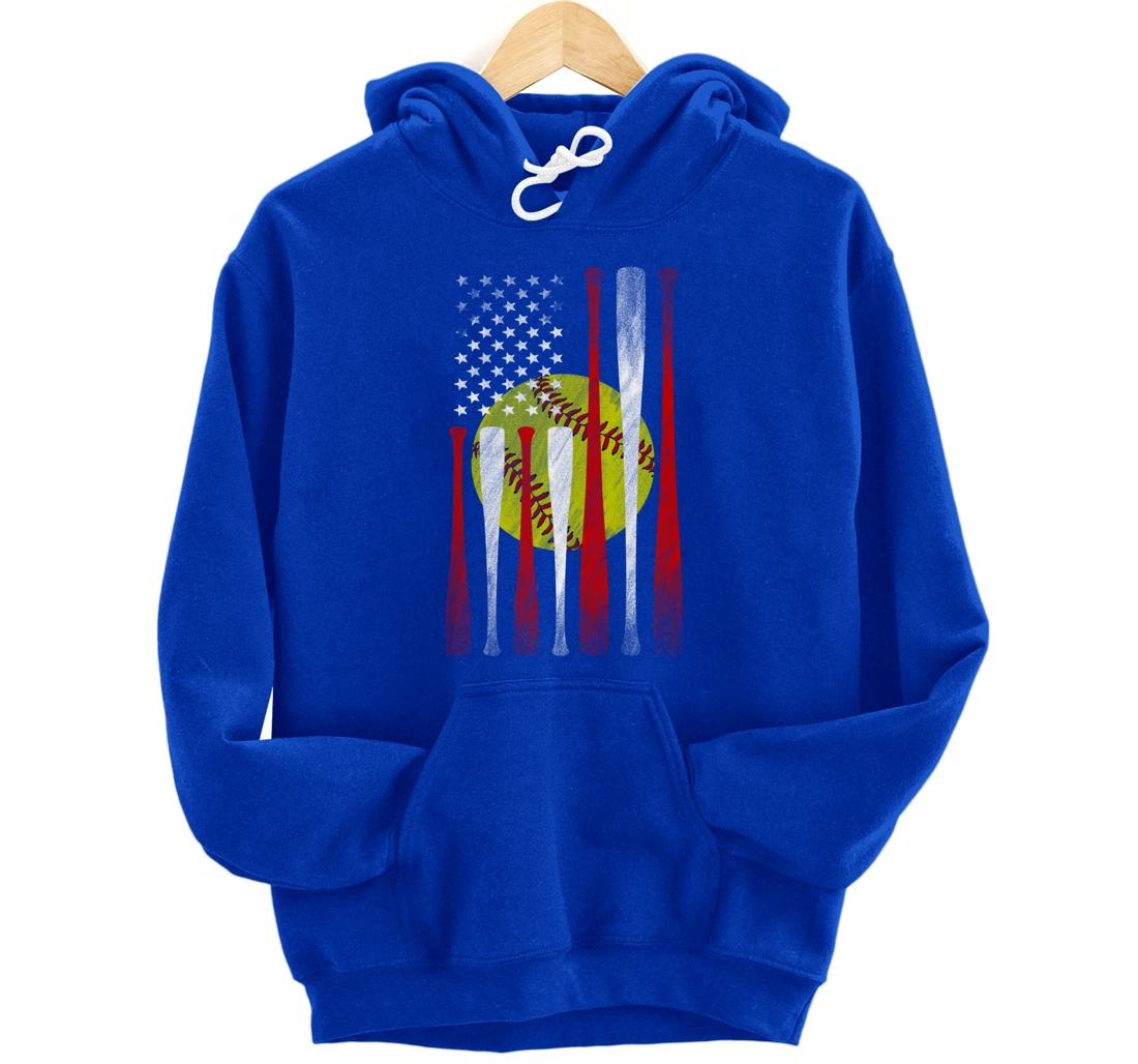 Softball Player American Flag Funny Baseballer (on back) Pullover Hoodie
