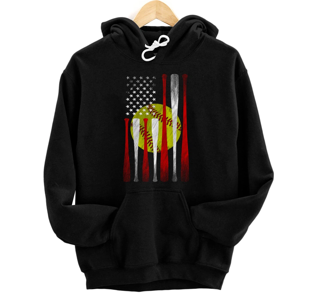 Softball Player American Flag Funny Baseballer (on back) Pullover Hoodie