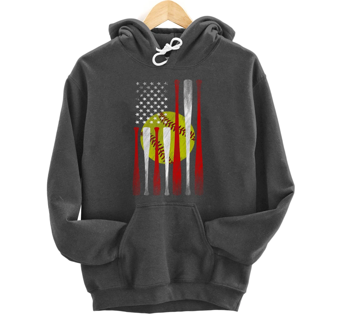 Softball Player American Flag Funny Baseballer (on back) Pullover Hoodie