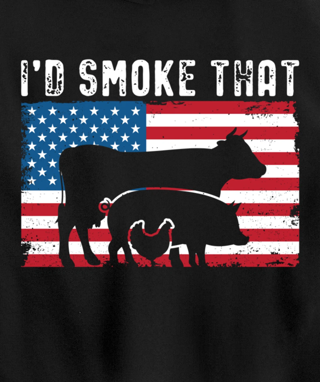 Patriotic BBQ Chicken Cow Pig Graphic US flag Meat Smoking Pullover Hoodie