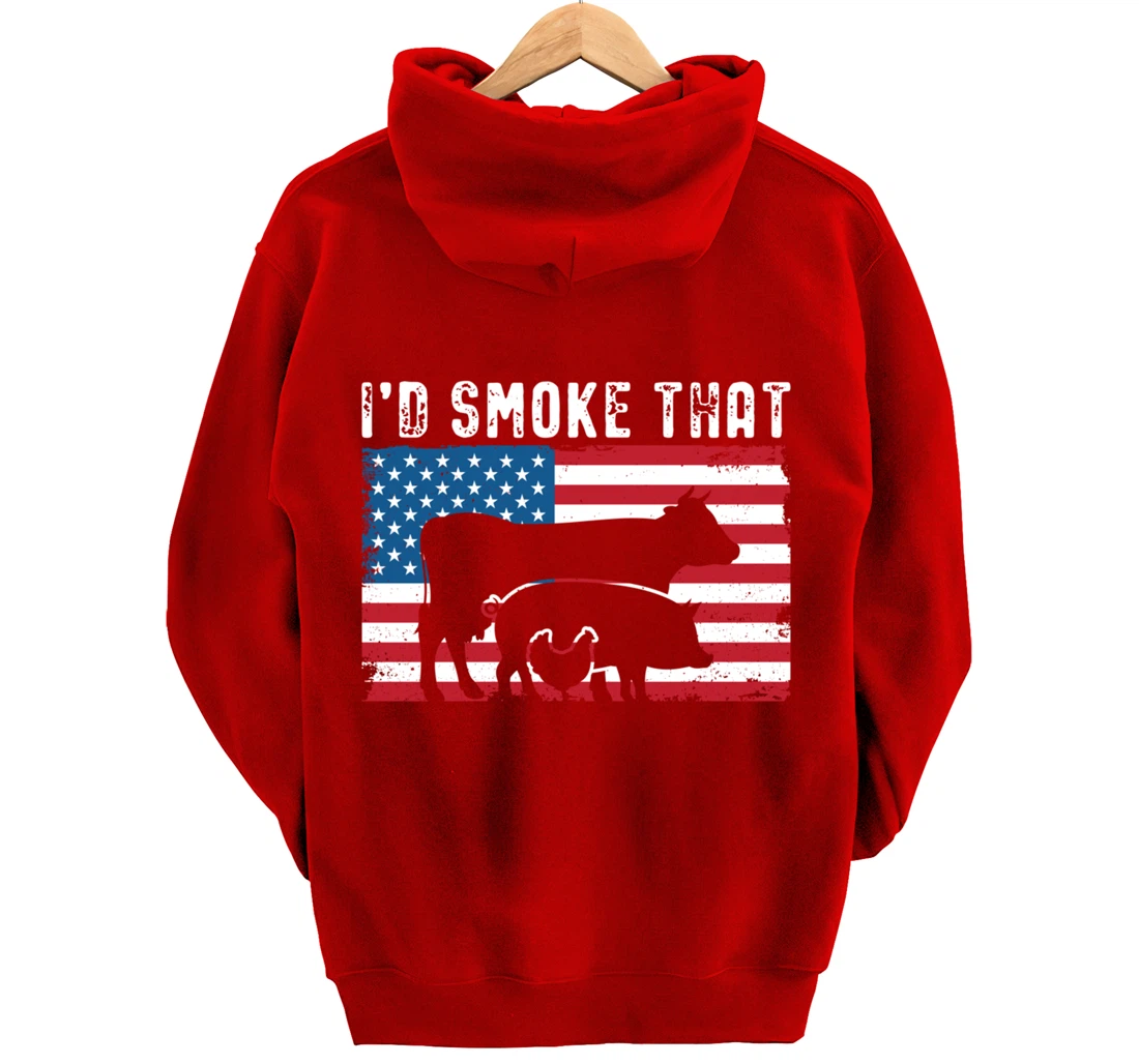 Patriotic BBQ Chicken Cow Pig Graphic US flag Meat Smoking Pullover Hoodie
