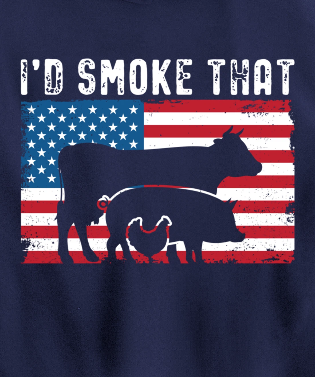 Patriotic BBQ Chicken Cow Pig Graphic US flag Meat Smoking Pullover Hoodie