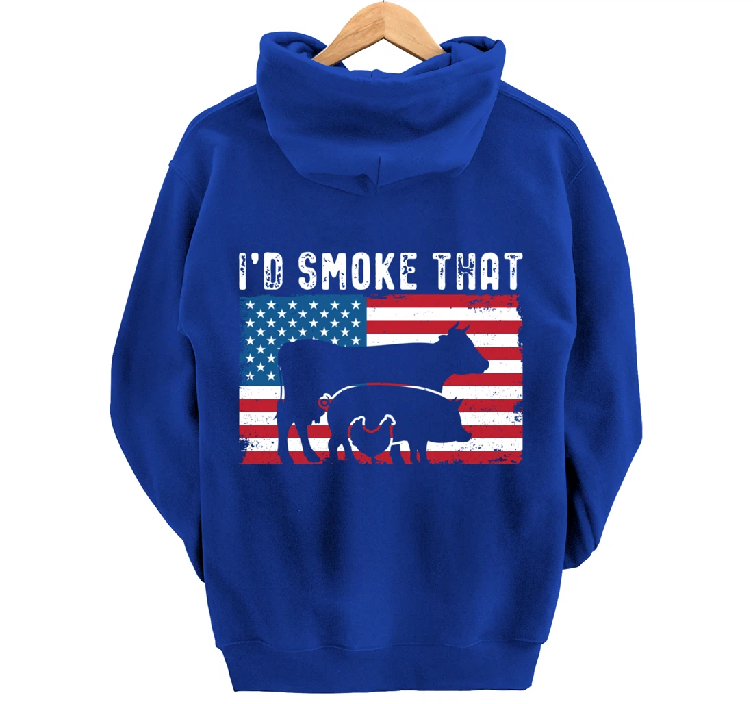 Patriotic BBQ Chicken Cow Pig Graphic US flag Meat Smoking Pullover Hoodie