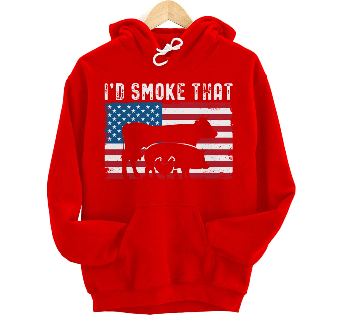 Patriotic BBQ Chicken Cow Pig Graphic US flag Meat Smoking Pullover Hoodie