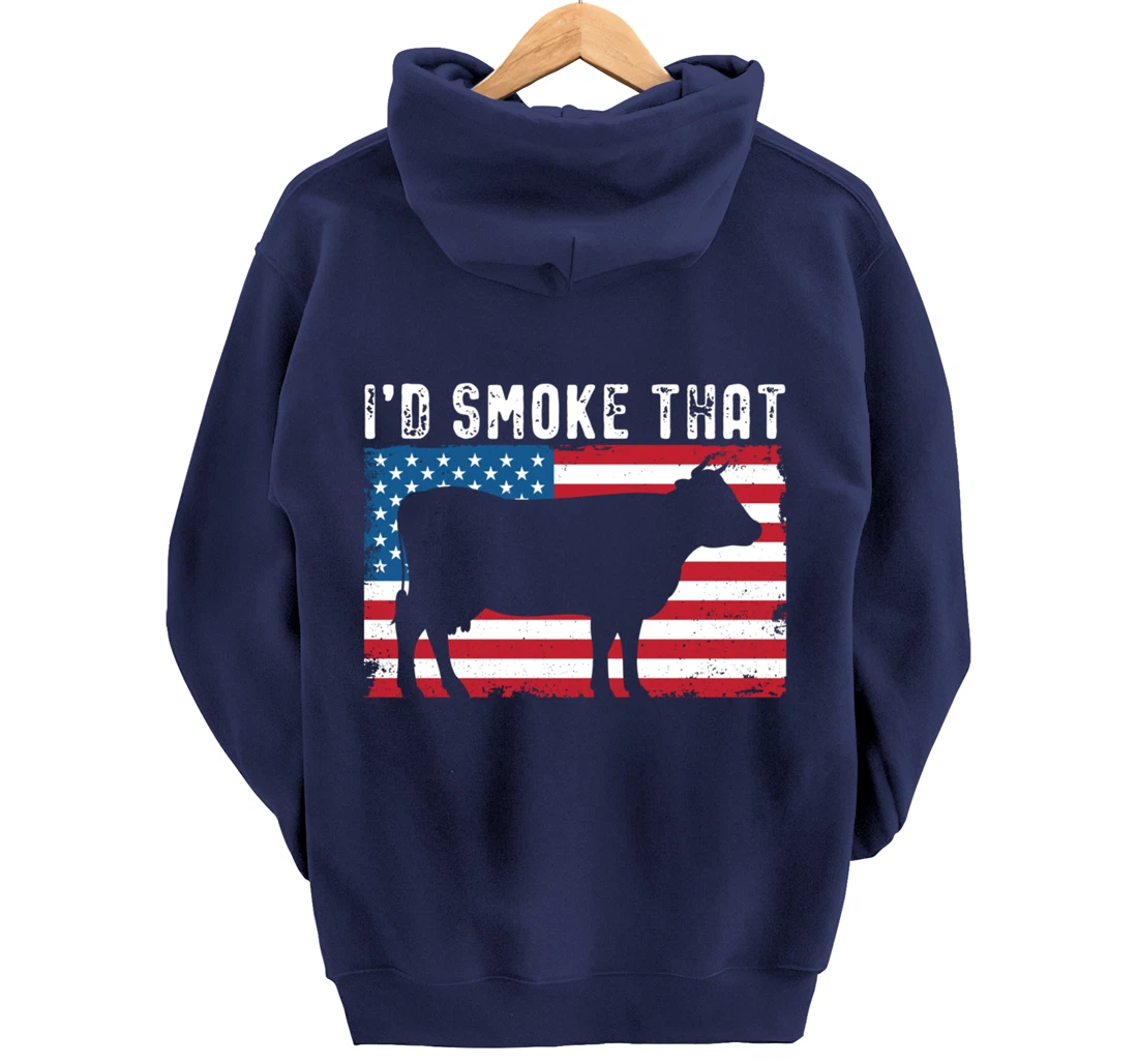 Patriotic Barbecue Cow Graphic American flag Meat Smoking Pullover Hoodie