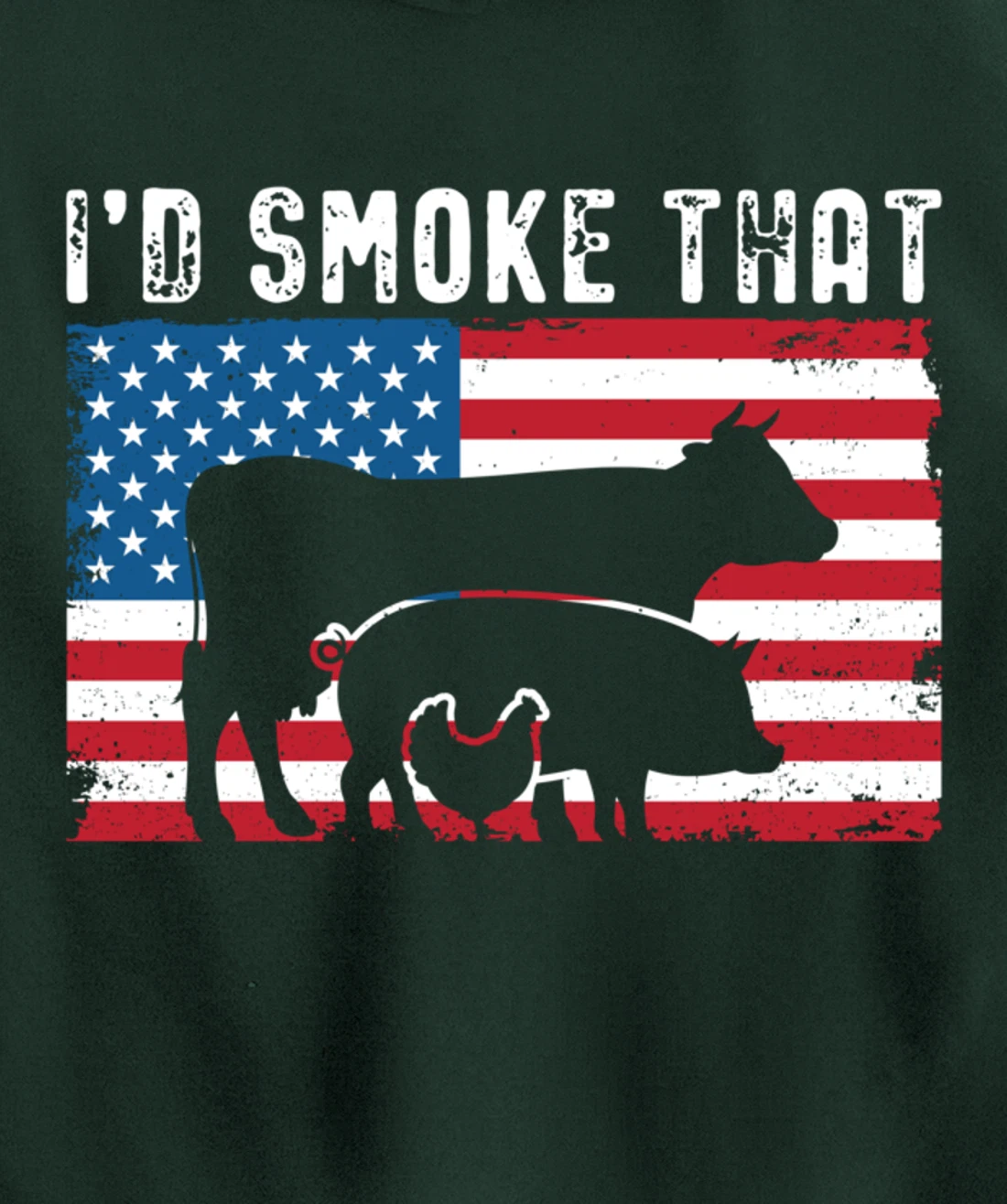 Patriotic BBQ Chicken Cow Pig Graphic US flag Meat Smoking Pullover Hoodie